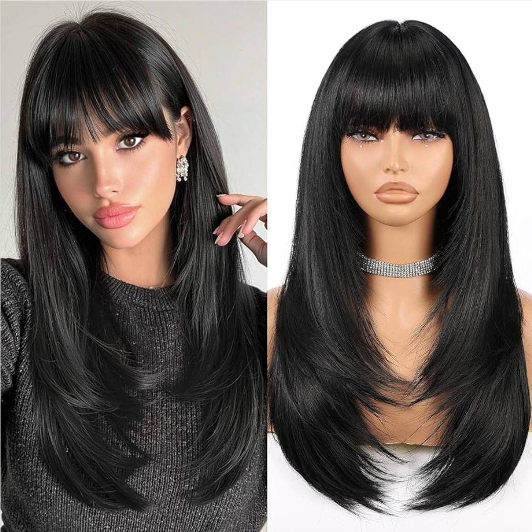 Long Wavy Straight Shag Bangs Black Human Hair Blend Full Wig Rainbow