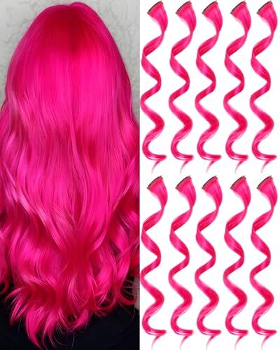 10 PCS Hot Pink Hair Extensions Clip in Kid’s Party Highlights, 10 PCS-Hot Pink