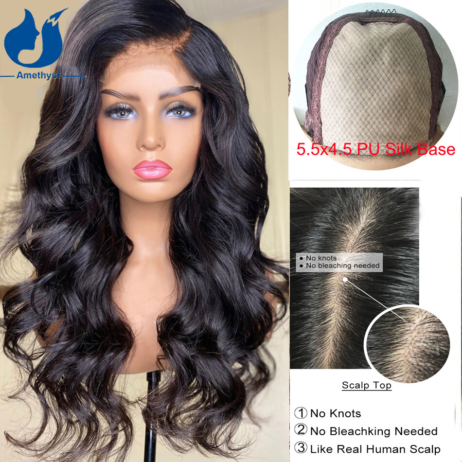 Natural Wavy Brazilian Human Hair 5.5X4.5 PU Silk Base Closure Wig Pre Plucked