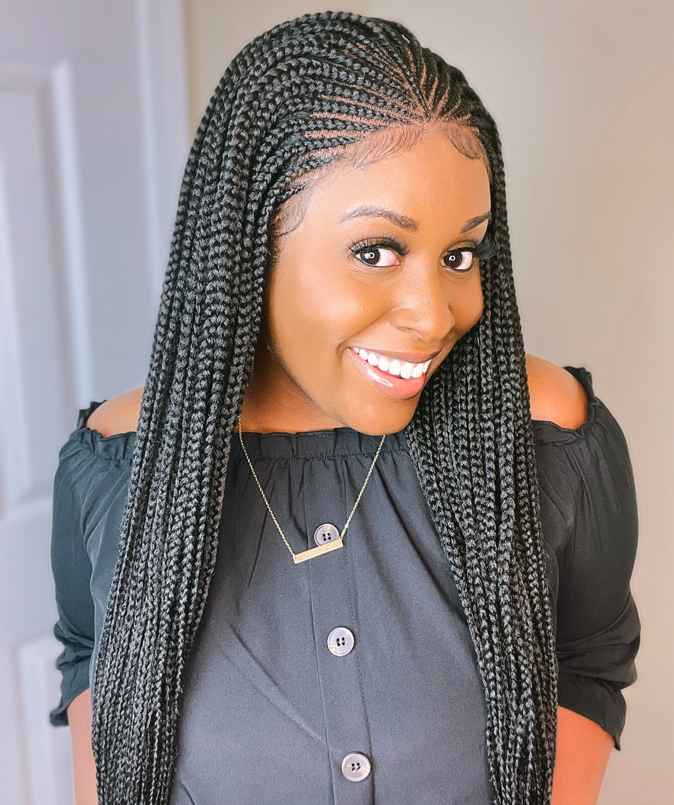 LUXLUXE Kristi Straight 30 In Long 4X4 Hand-Tied Lace Braided Wig, Natural Black