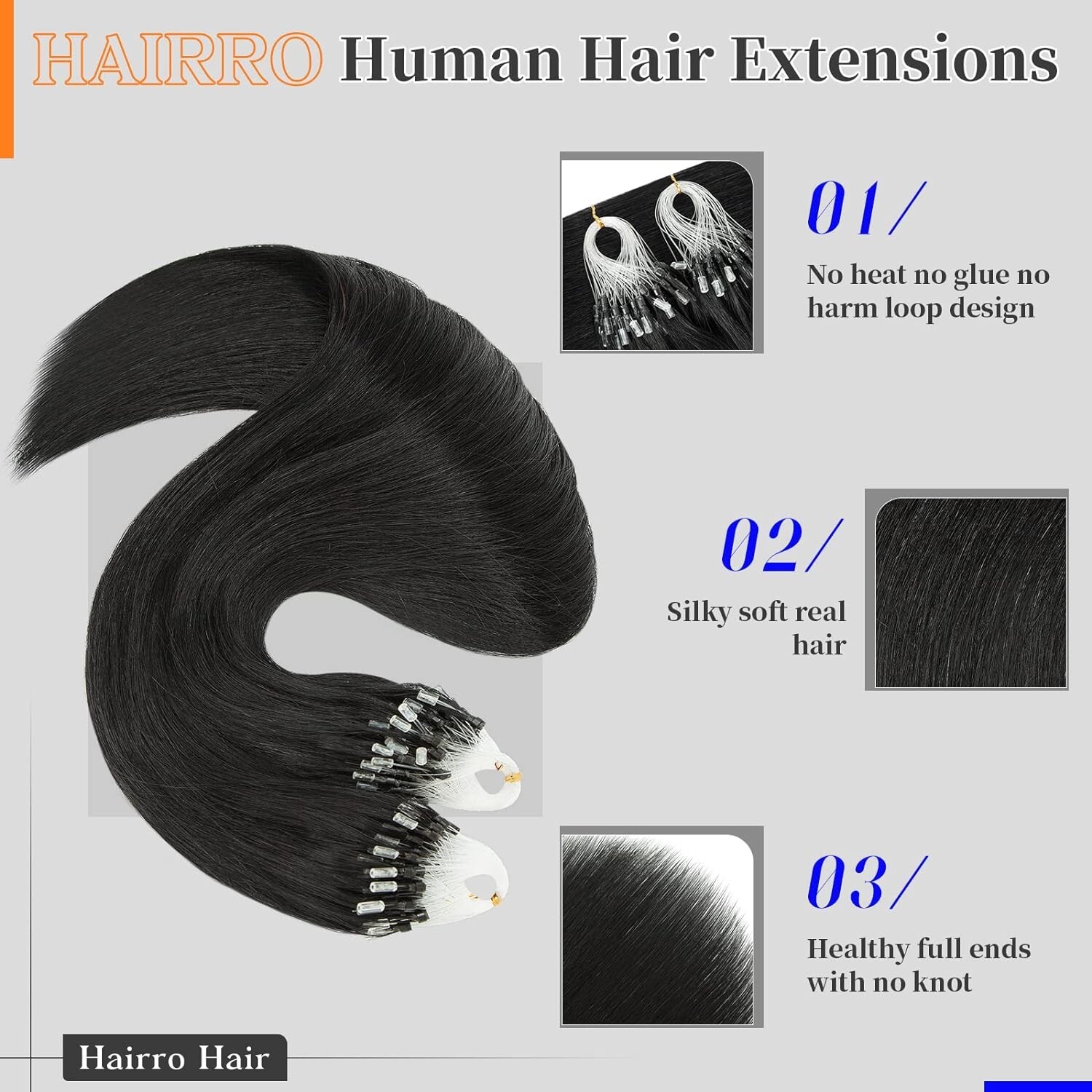 Hairro Microlinks Hair Extensions Human Hair 20 inch 50g 100 Strands #01 Black