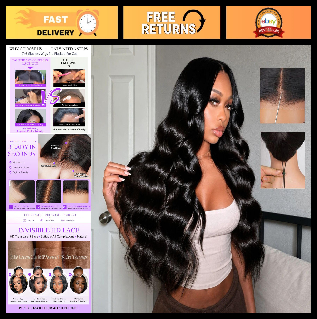 26″ Body Wave Glueless Wig – 250% Density, HD Lace Front, Pre-Plucked, Natural C