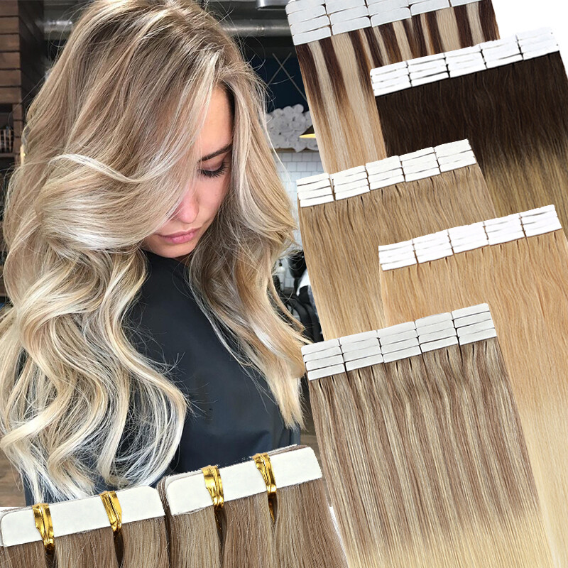 Real Human Hair Extensions Glue In Tape On Seamless Skin Weft Full Head 200G