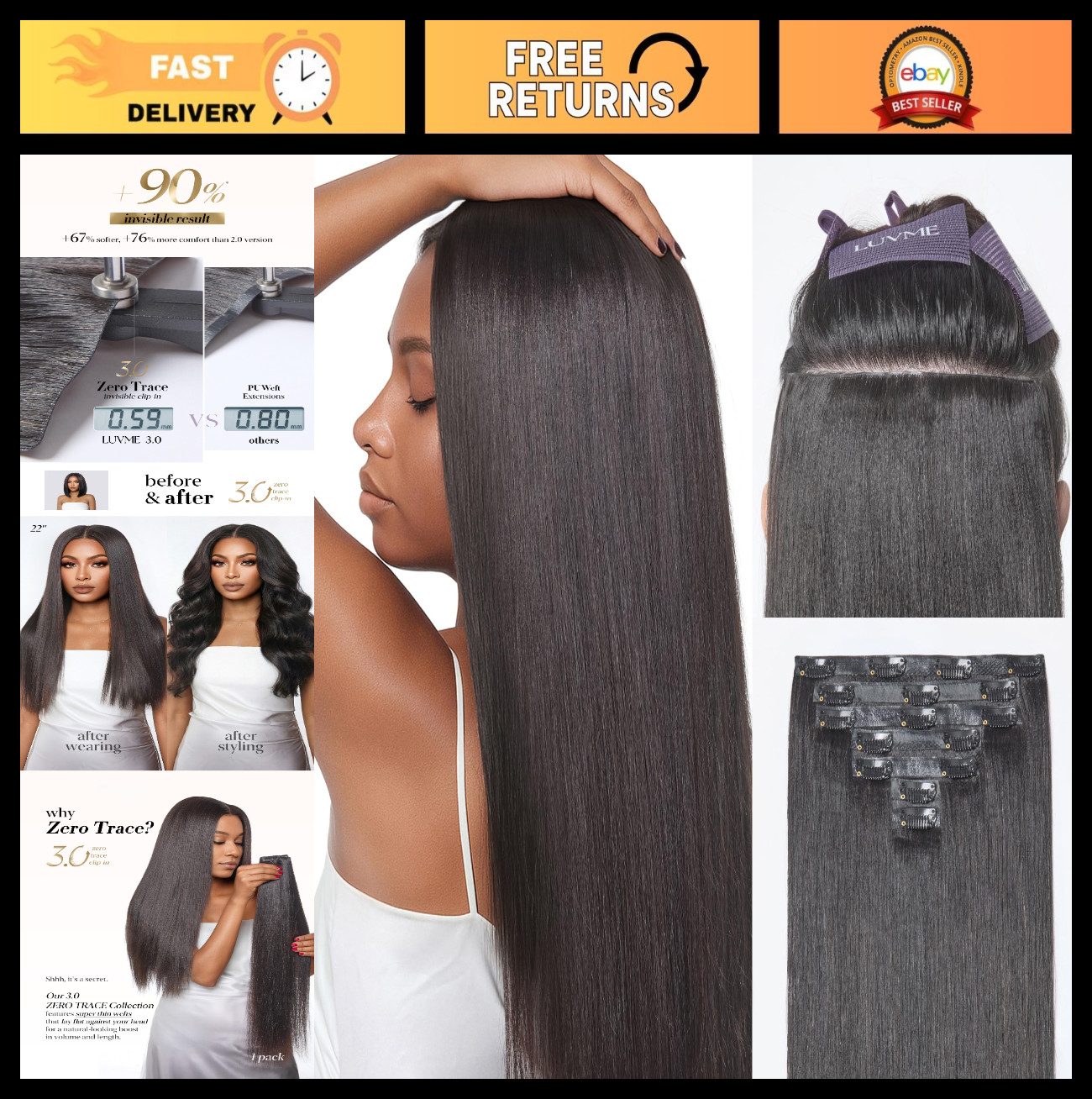 Invisible Clip-In Hair Extensions, 0.59mm Seamless Weft, Yaki Straight, 18″ 100g