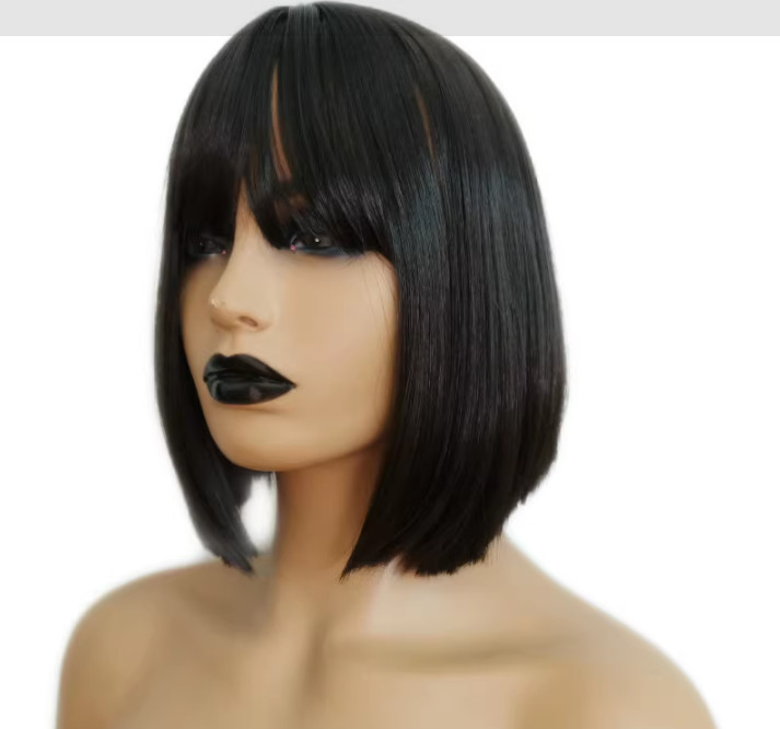 12″Bob Wig with Bangs, Natural Straight Synthetic Hair for Women Daily Wear US