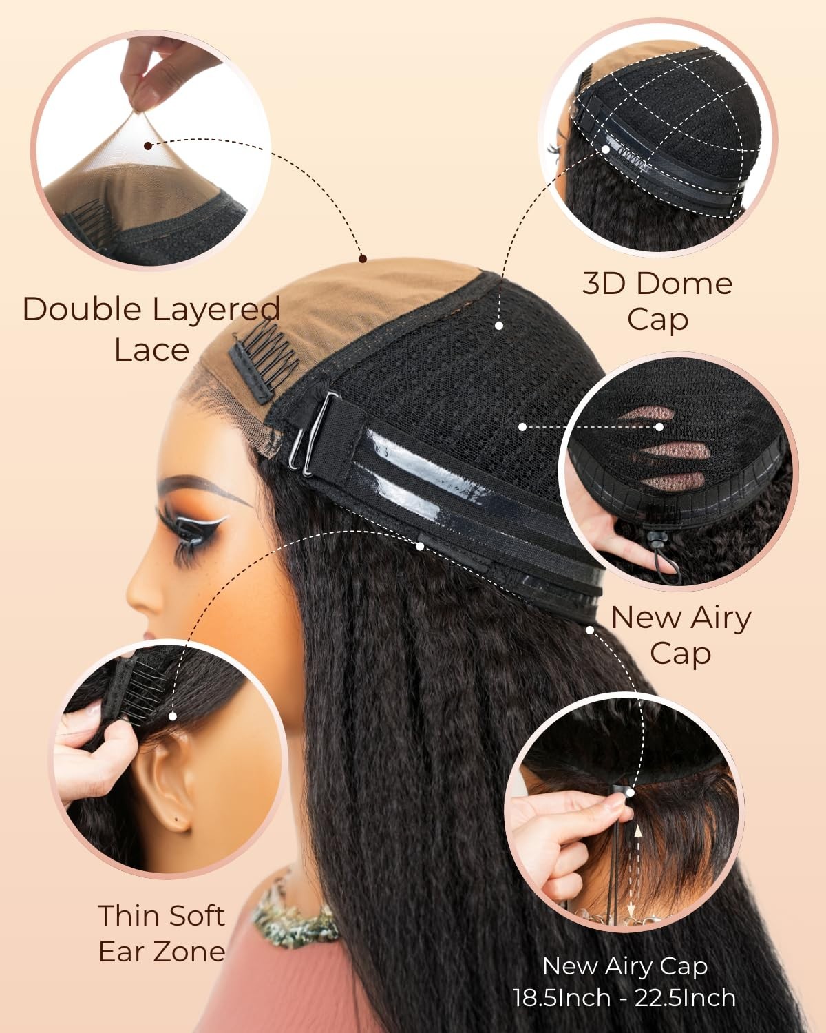 3-in-1 Half Wig Kinky Straight Glueless HD Lace Human Hair 24″ Yaki 210% Density