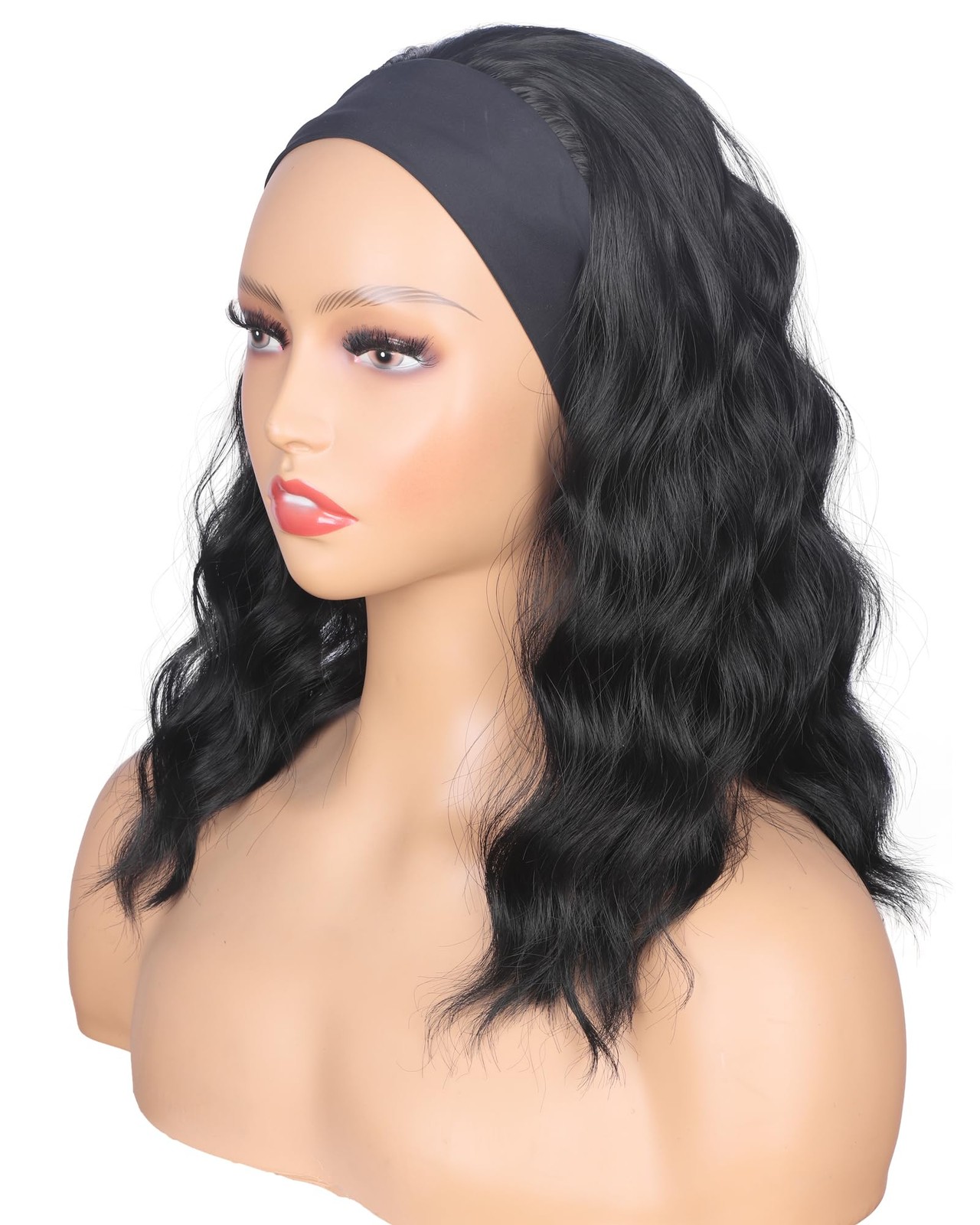 Black Wavy Headband Wig For Black Women Curly Half Wigs With Headband Attache…