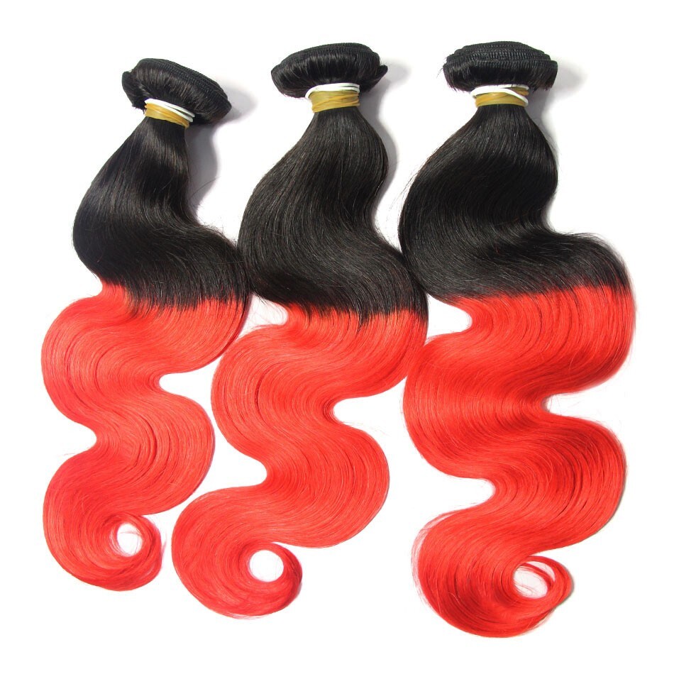 3 bundle + closure 4×4 1b#red Body Wave Hair Human 8”