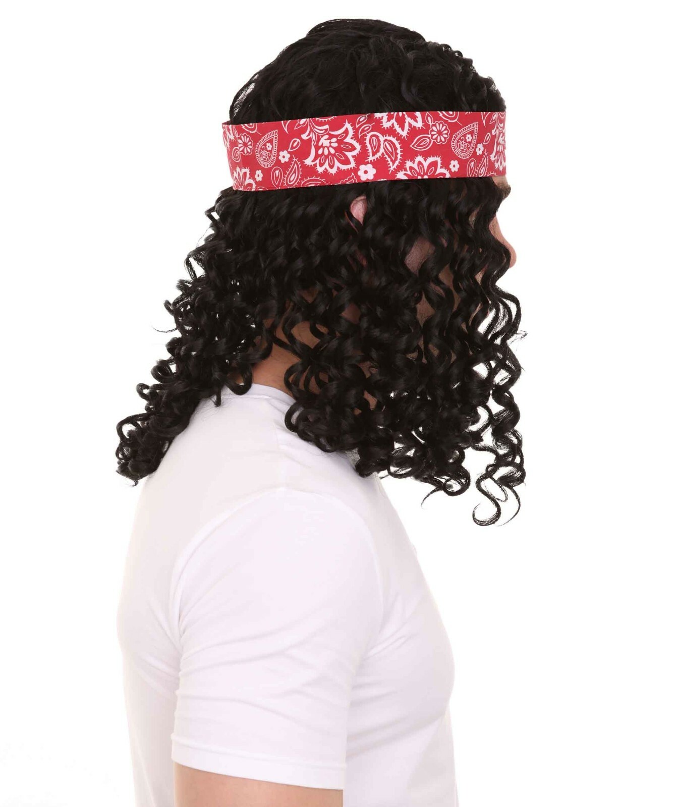 Men Cosplay Party Rock Star Black Wavy Curly Wig Headband Bandana Costume HM-036