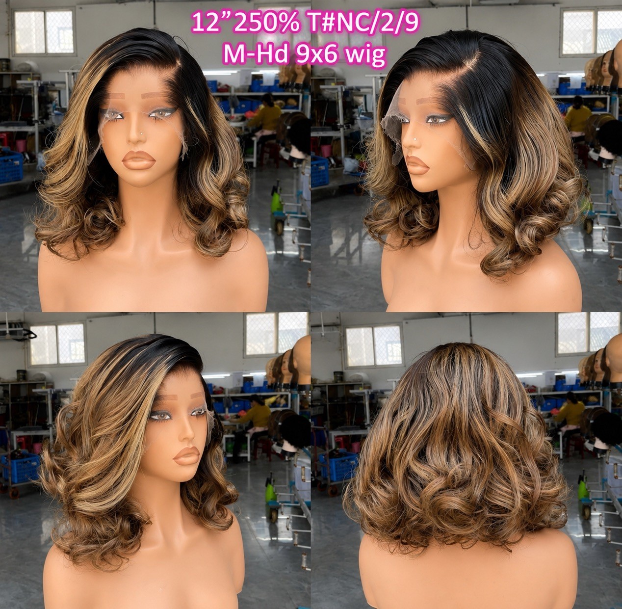 12” Highlight Bob Human Hair Wig HD 9×6 Lace Front T#NC/2/9 250% Density