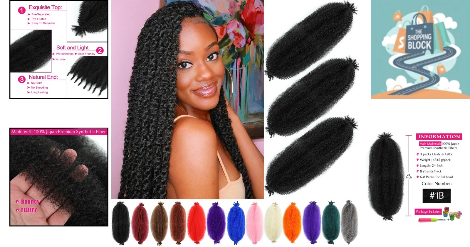 24 Inch Afro Twist Hair Pack of 3, Kinky, Pre-Fluffed Synthetic Fibers