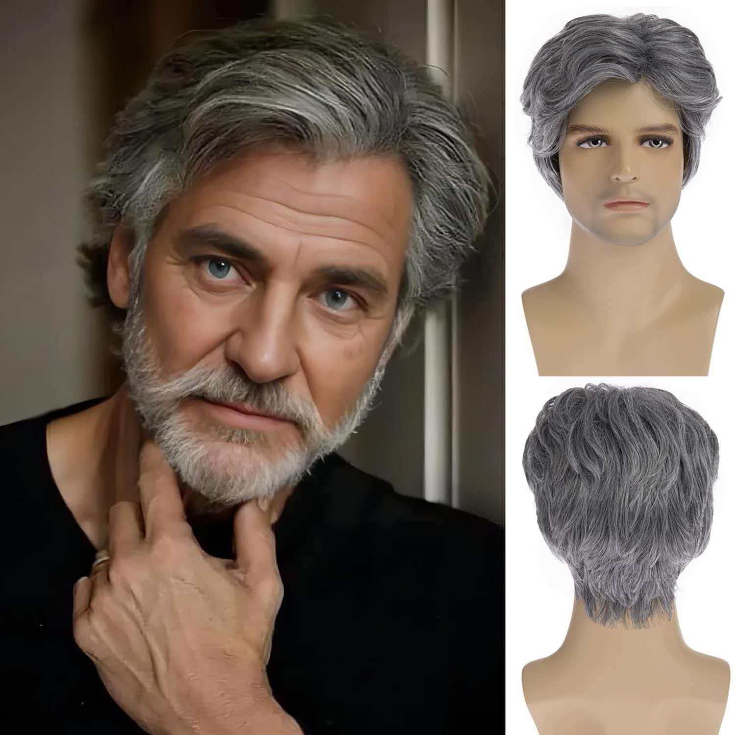 Men’s 6in Short Silver Gray Wavy Wig Full Heat Resistant Synthetic Cosplay Party