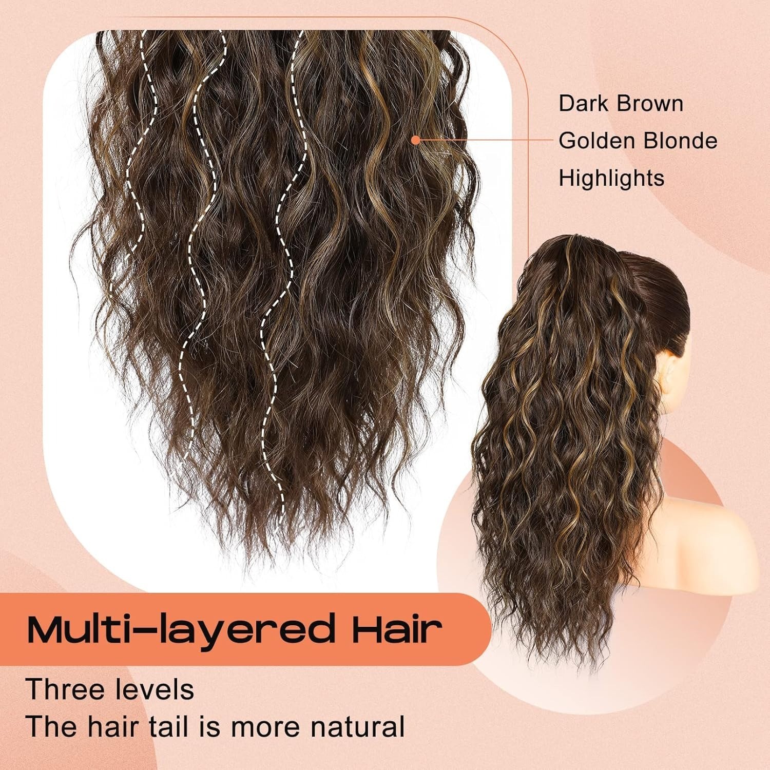 18″ Highlight Ponytail Extension Claw Clip Wavy Thick Hairpiece Chocolate Brown