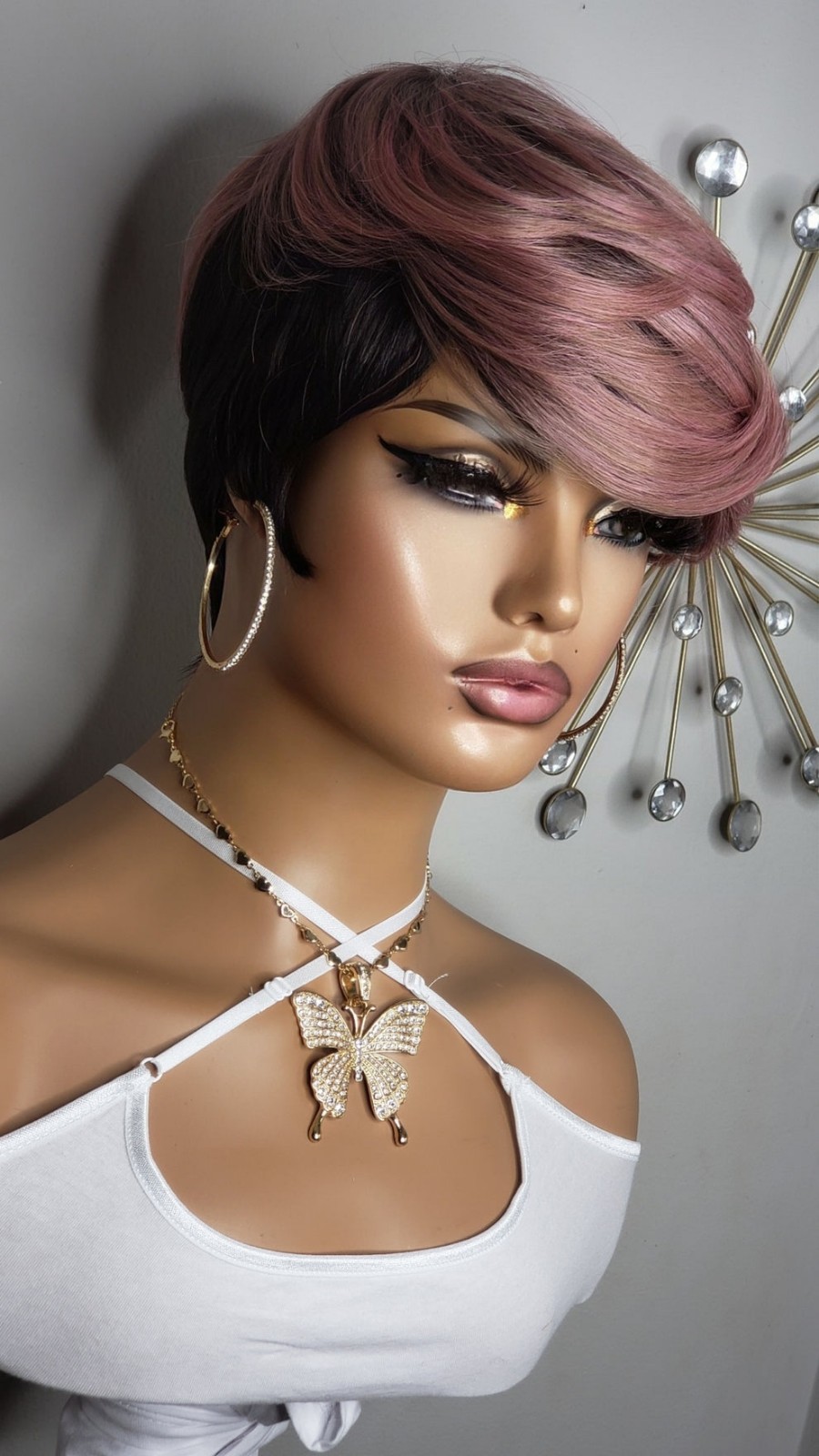 New Short Cut Pixie Style Full Cap Wig Pink Black 2 Tone Style Womens Hair Wigs