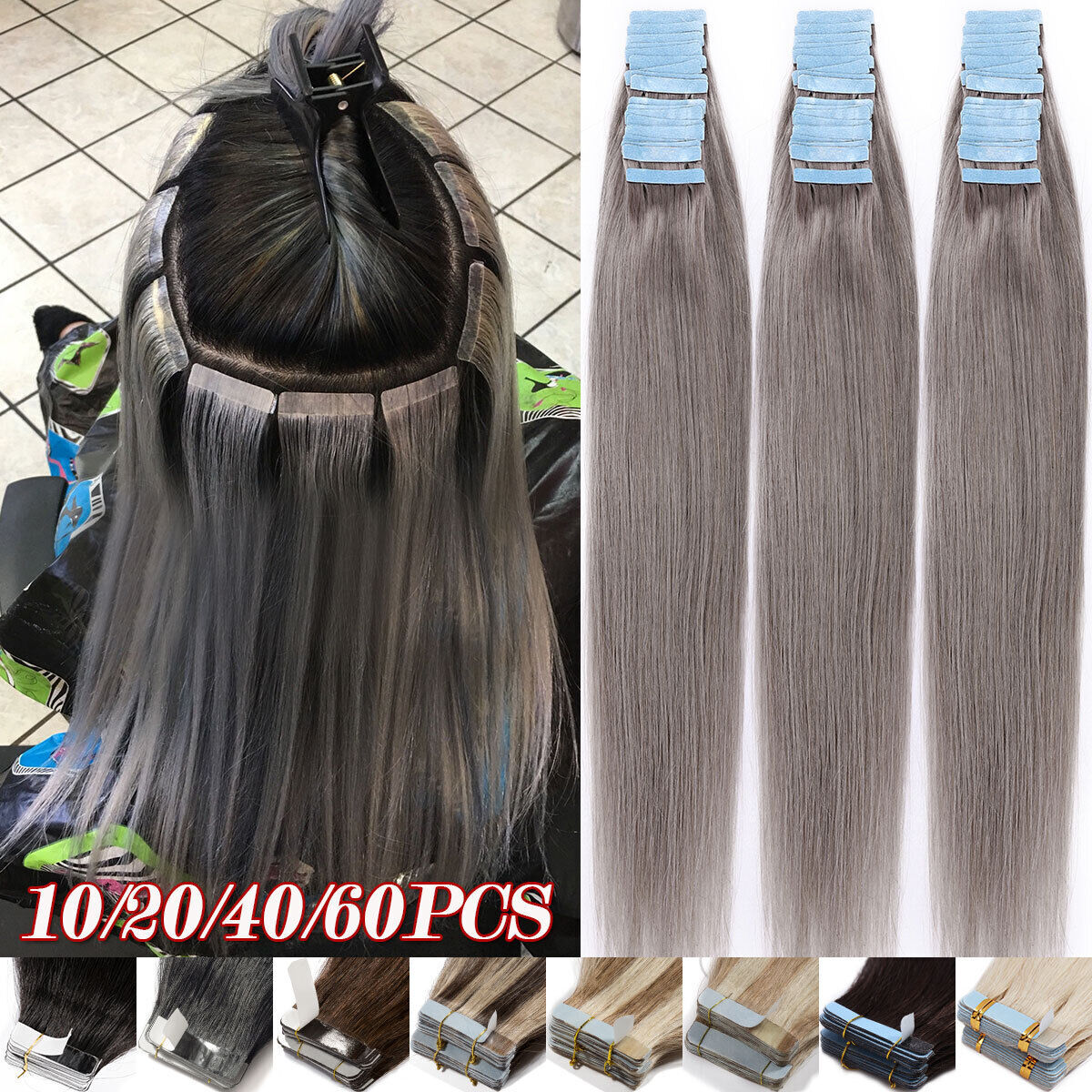 20/40/60PCS THICK Tape In 100% Remy Human Hair Extensions Russian Skin Weft GREY