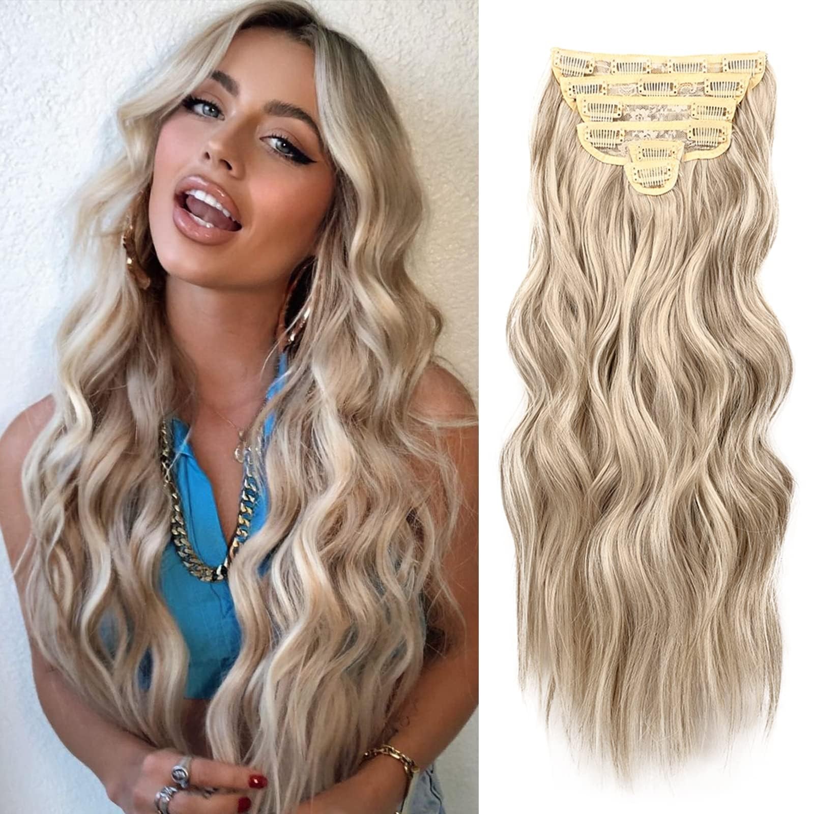 Clip in Hair Extensions for Women 20 Inch Long Wavy Curly Dirty Blonde Hair E…
