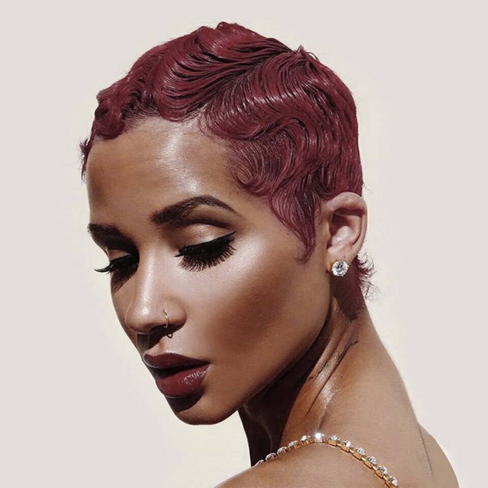 Short Pixie Cut Finger Wave Wigs Human Hair Wigs Colored For Women Machine made