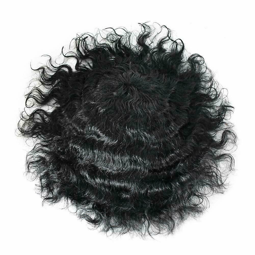 Mens Toupee Afro Curly Black Human Hairpiece Durable Mono Lace Wigs System AAA-1