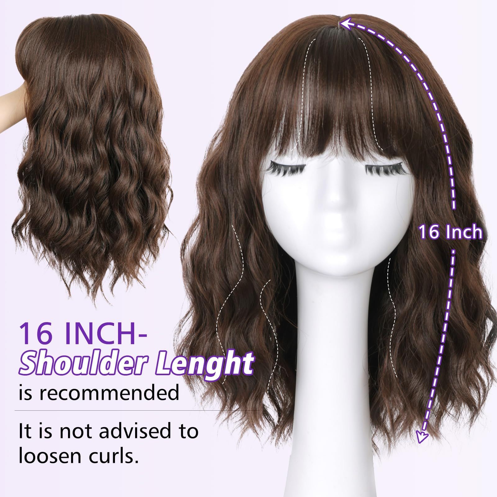Water Wave Short Curly Wig with Bangs Heat Resistant Synthetic Full Wig for