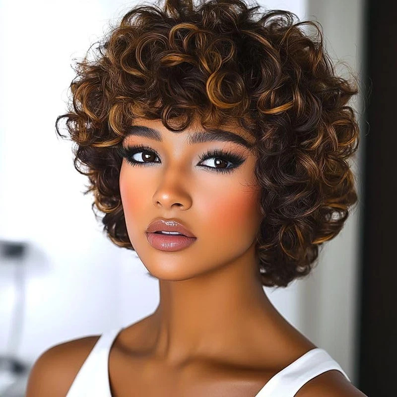 Short Curly Wig for Black Women Black Brown Highlight – Natural Afro Curls with