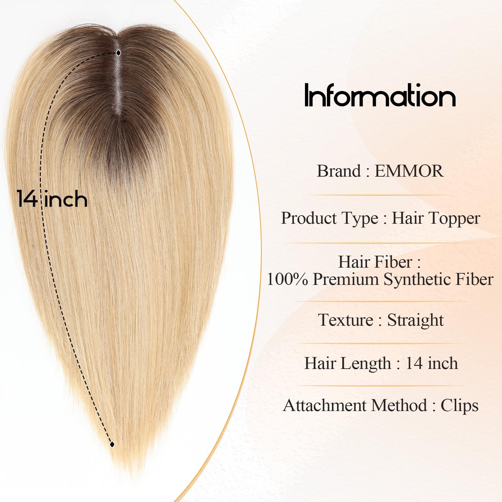 EMMOR 14in Synthetic Hair Topper with 3 Clips 5×3.5 Base Ombre Light Blonde