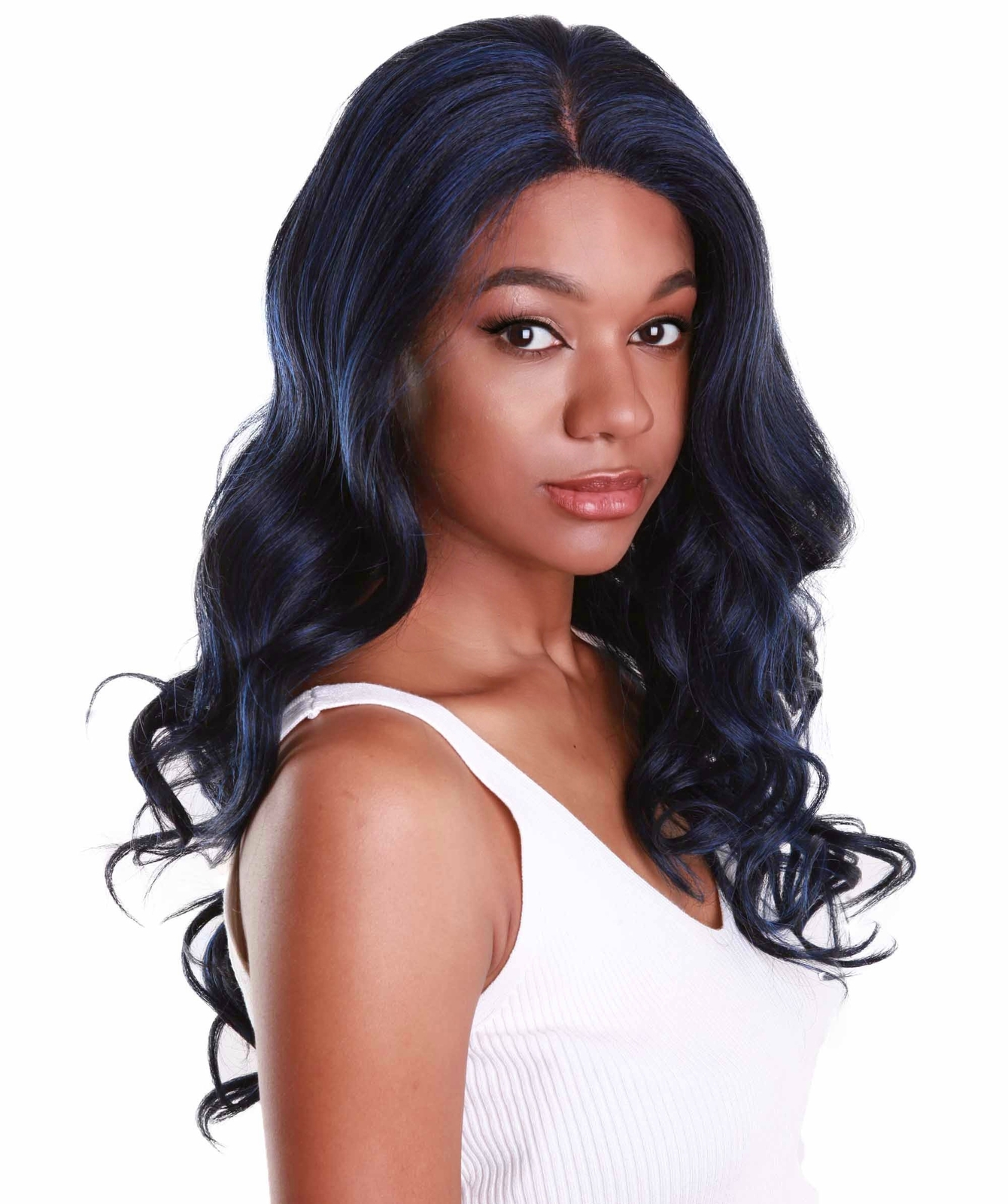 LUXLUXE Lucinda Wavy 23″ Long 4X4 Hand-Tied Lace Front Wig,Blue and Black Blend