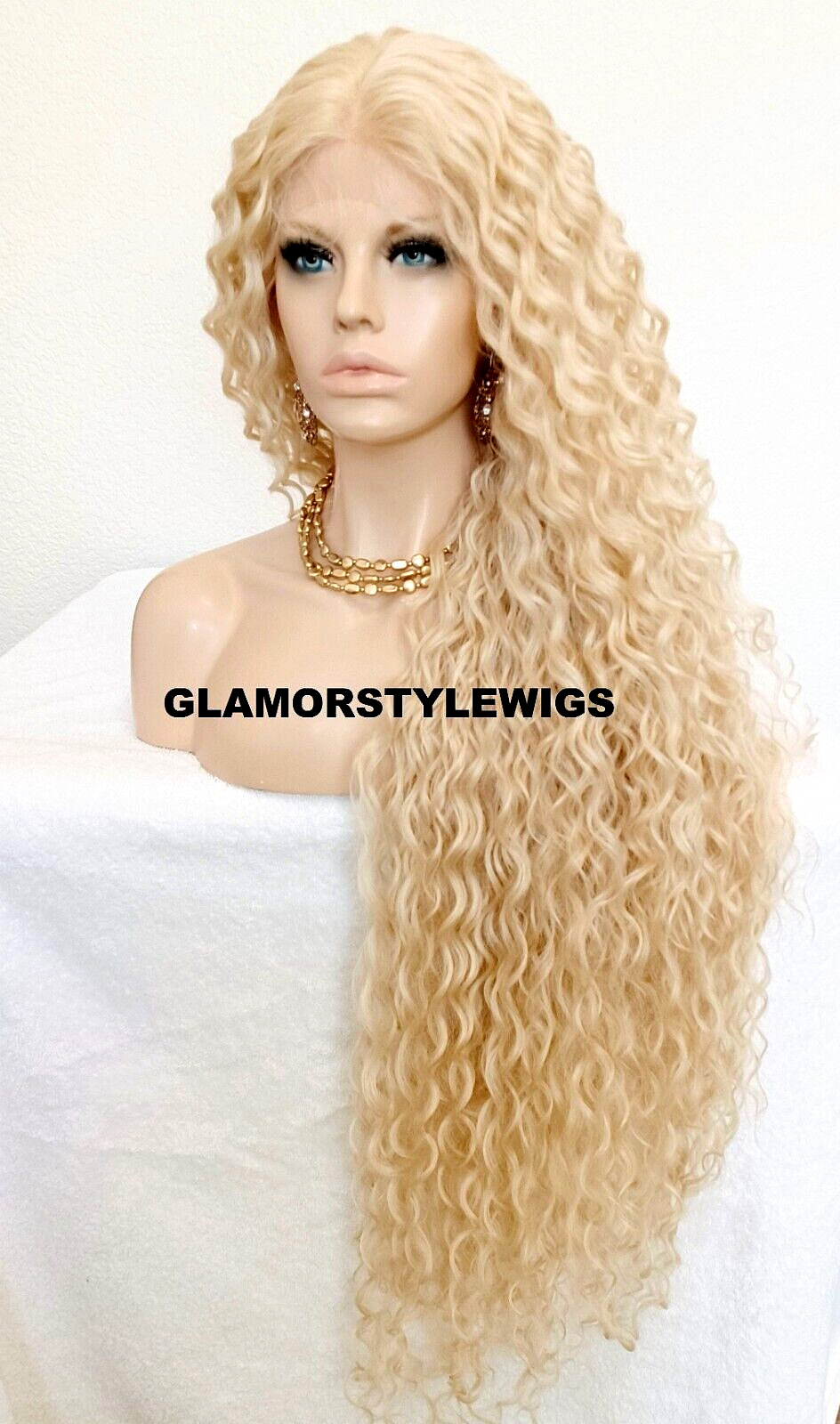 45″ LACE FRONT FULL WIG EXTRA LONG LAYERED CURLY BLEACH BLONDE HEAT OK #613 NWT