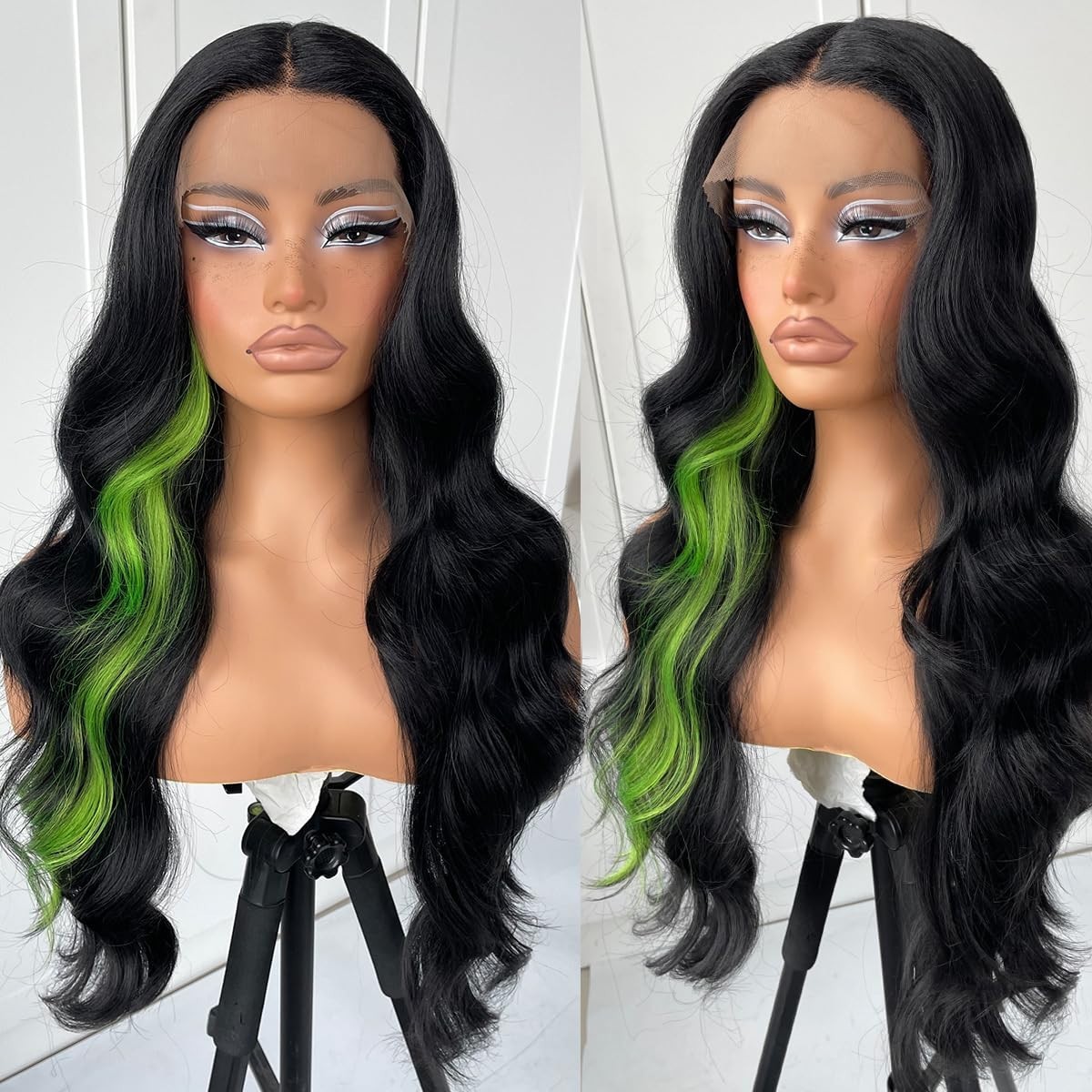 Green Skunk Stripe Wig Glueless Highlight Lace Front Wig Pre Plucked Syntheti…