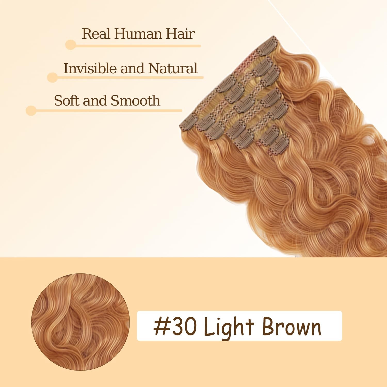 #30 Brown Long Wave Clip in Hair Extensions,18 Inch Soft Real Human Hair,Ligh…