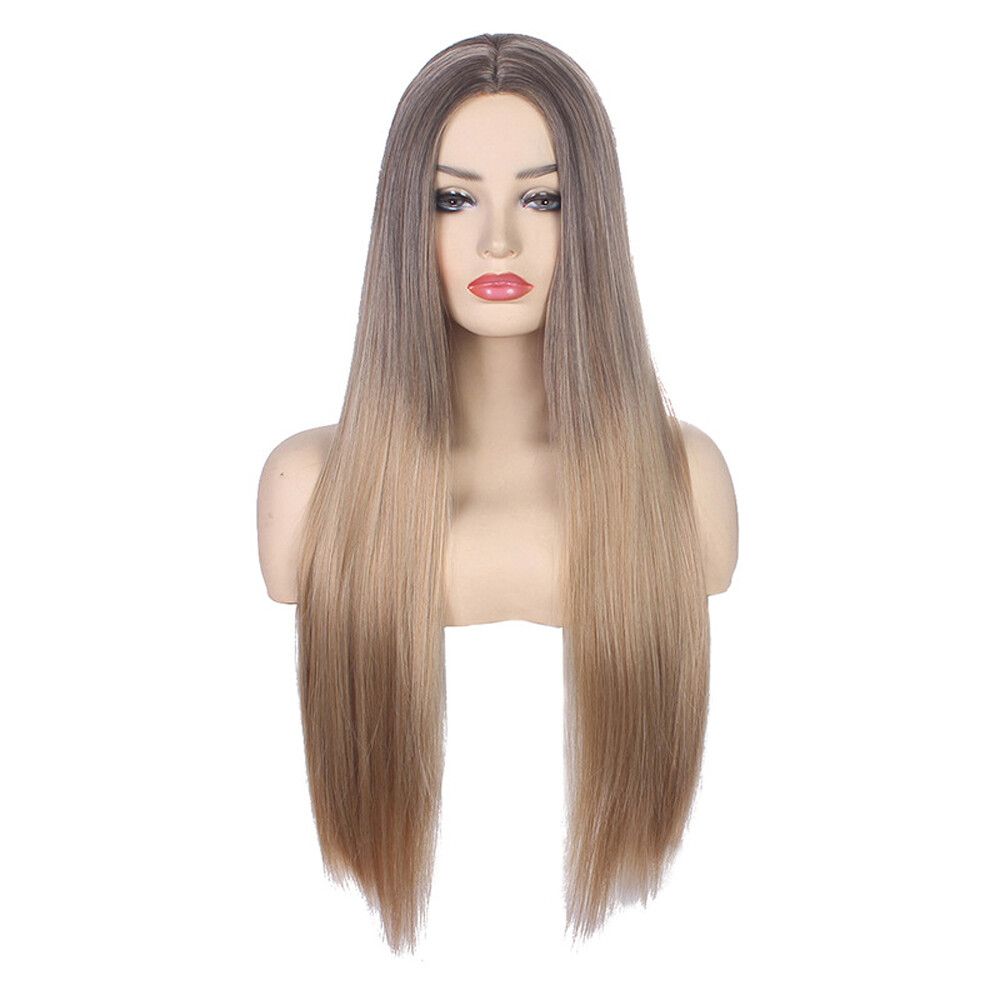 Women Real Long Straight Hair Wigs Ladies Natural Ombre Blonde Cosplay Full Wig