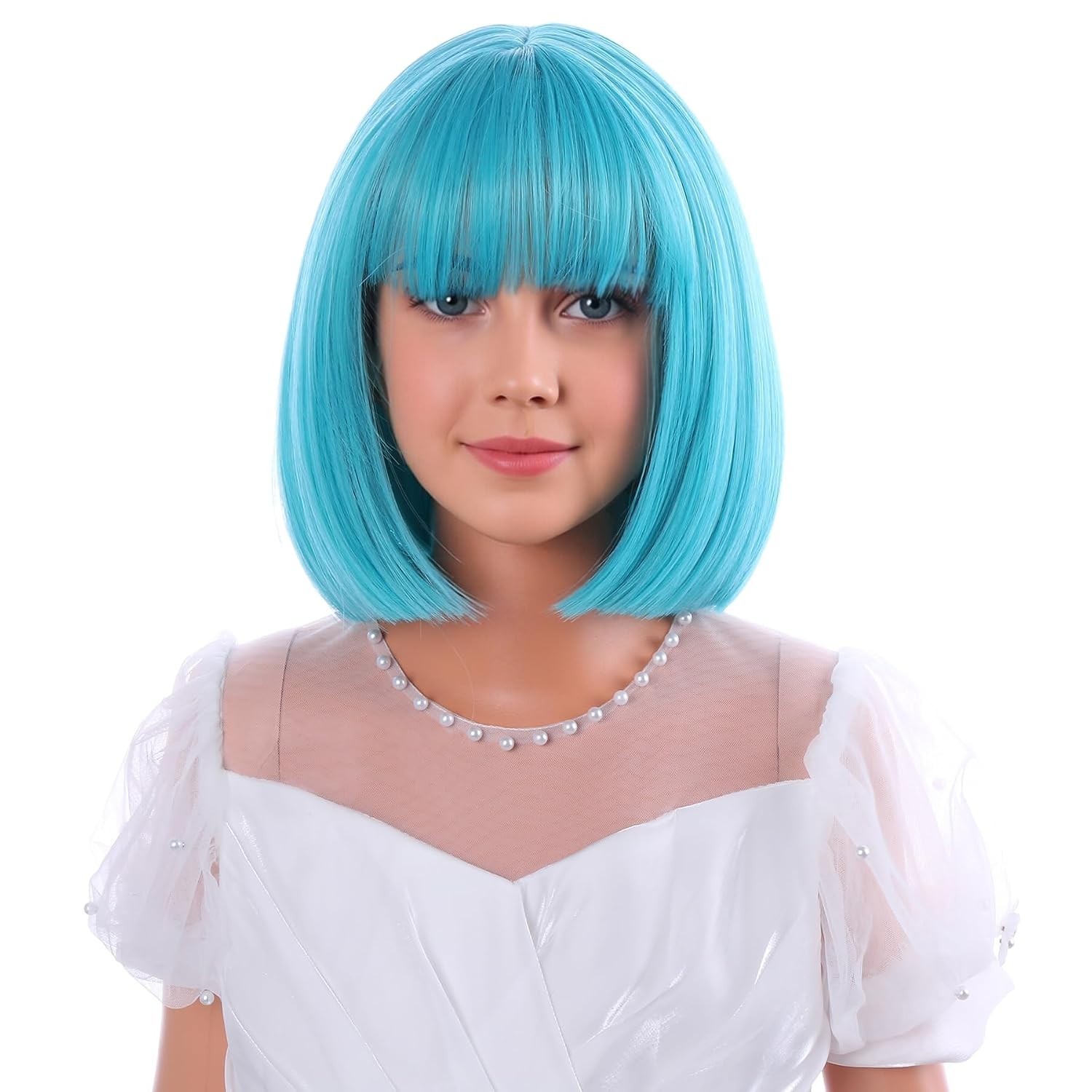 Kids Teal Blue Bob Wig Girls Short Turquoise Wig with Bangs 11in Synthetic