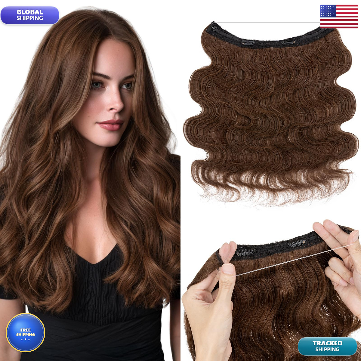 My-Lady Wavy Halo Hair Extensions Real Human Hair For Women Medium Brown Clip