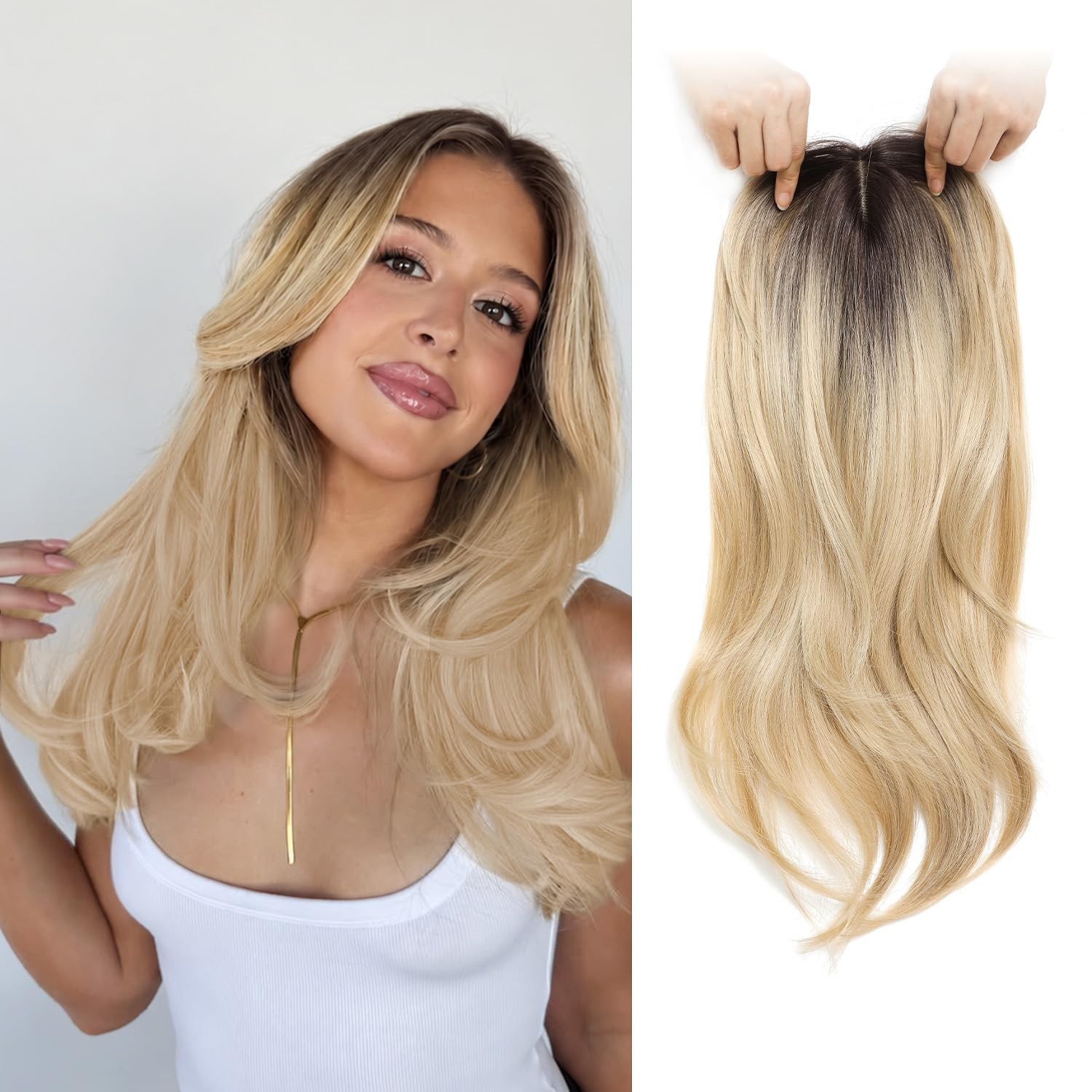 Ombre Blonde w/ Dark Roots Long Straight 18n Women Premium Hair Topper