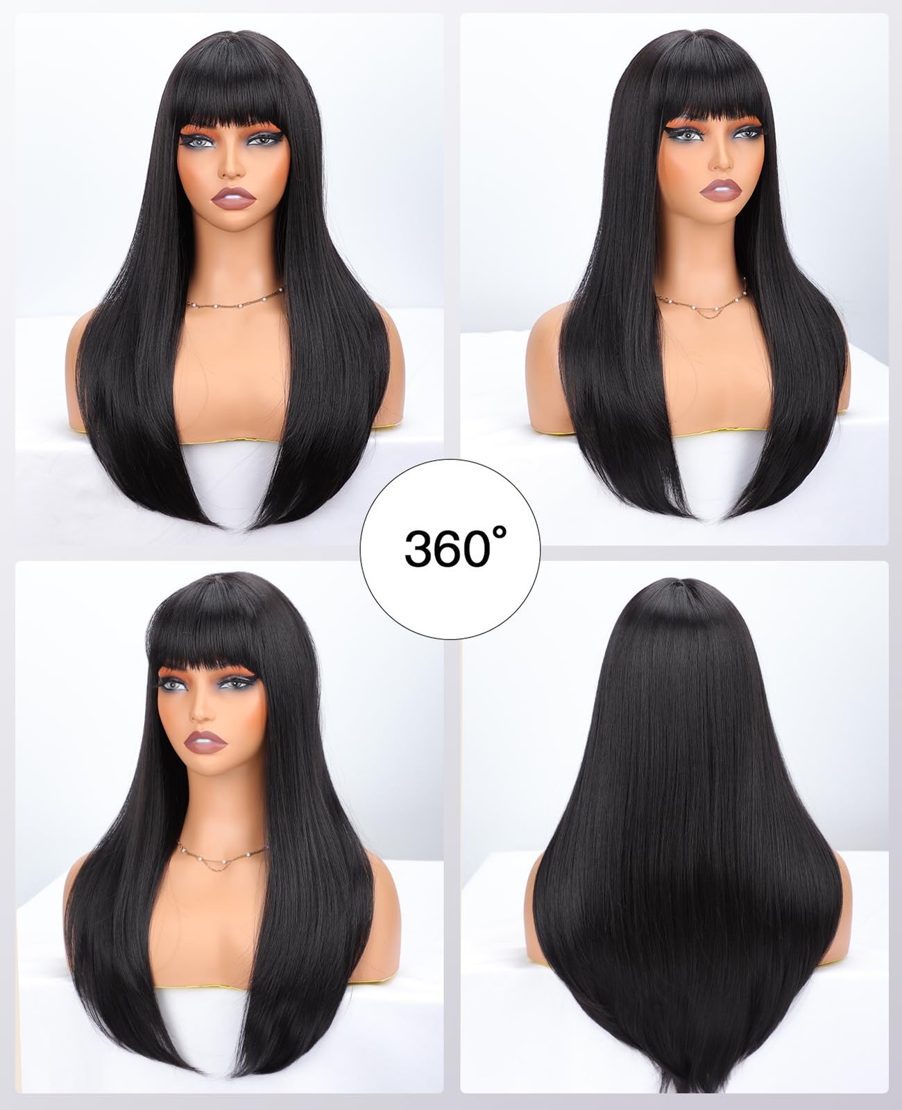 Long Black Wig with Bangs,Heat Resistant Fiber Synthetic Hair Cosplay Party S…