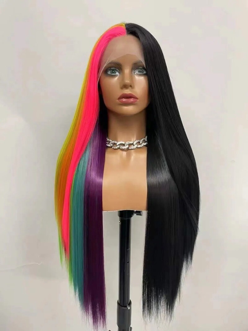 Half and Half Rainbow Black Synthetic wig Lace Front Long Straight Hair Heat OK