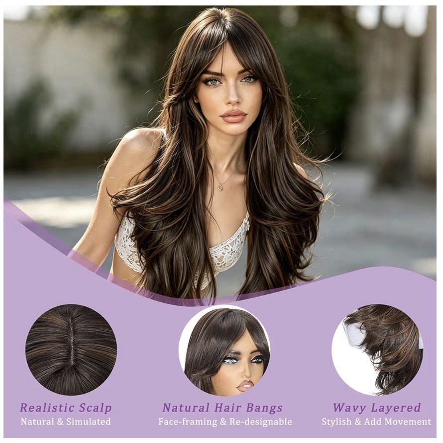 26in Synthetic Wavy Long Layered Wig w/ Bangs, Middle Part, Cap, Brown/Blonde