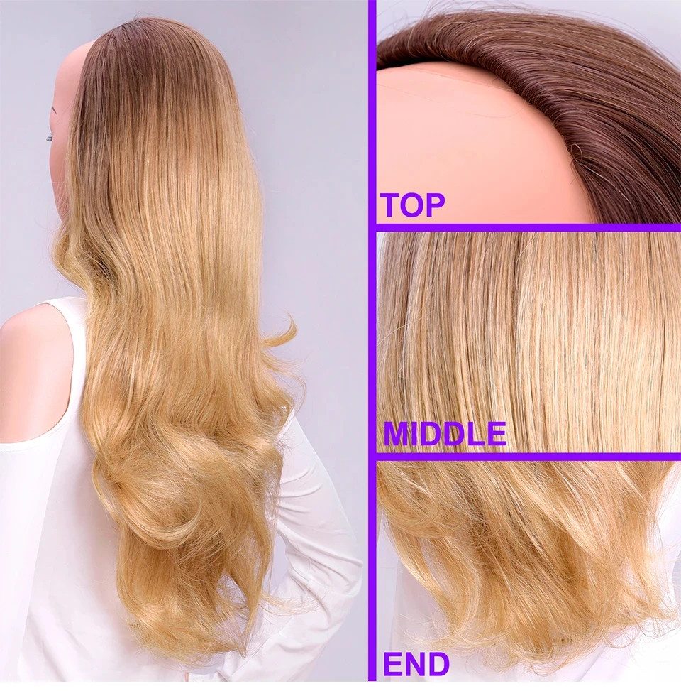 Clips In 24 Inch Blonde Synthetic Long Wavy 3/4 Half Wig Hairpieces For Women
