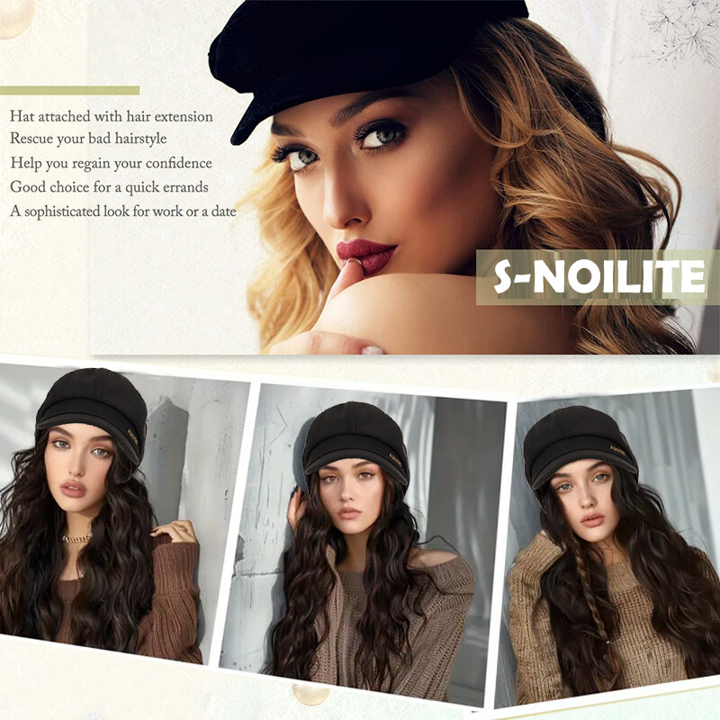 Beret Hat with Hair Extensions Wool Cap Attached 18” curly Hairpiece Synthetic