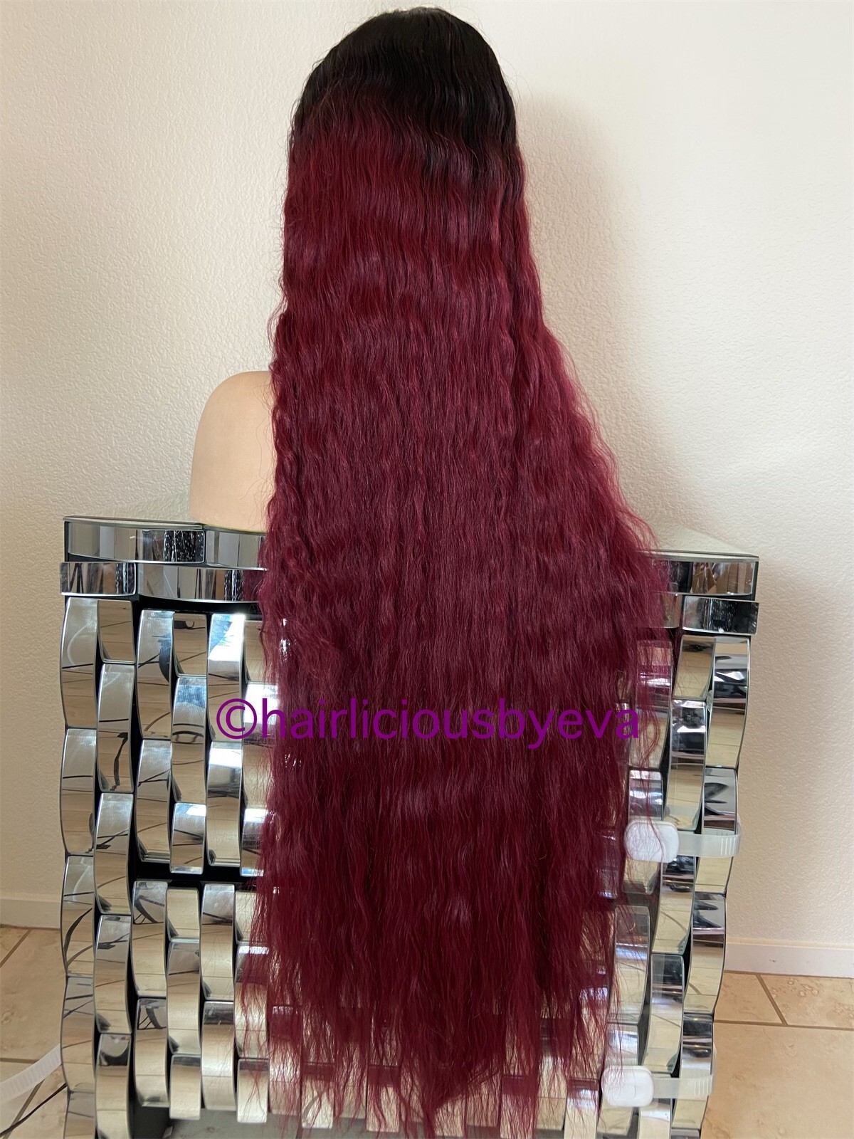 Red Burgundy Ombré Black Wig Wavy extra Long 32 Inch Middle Part Heat Ok