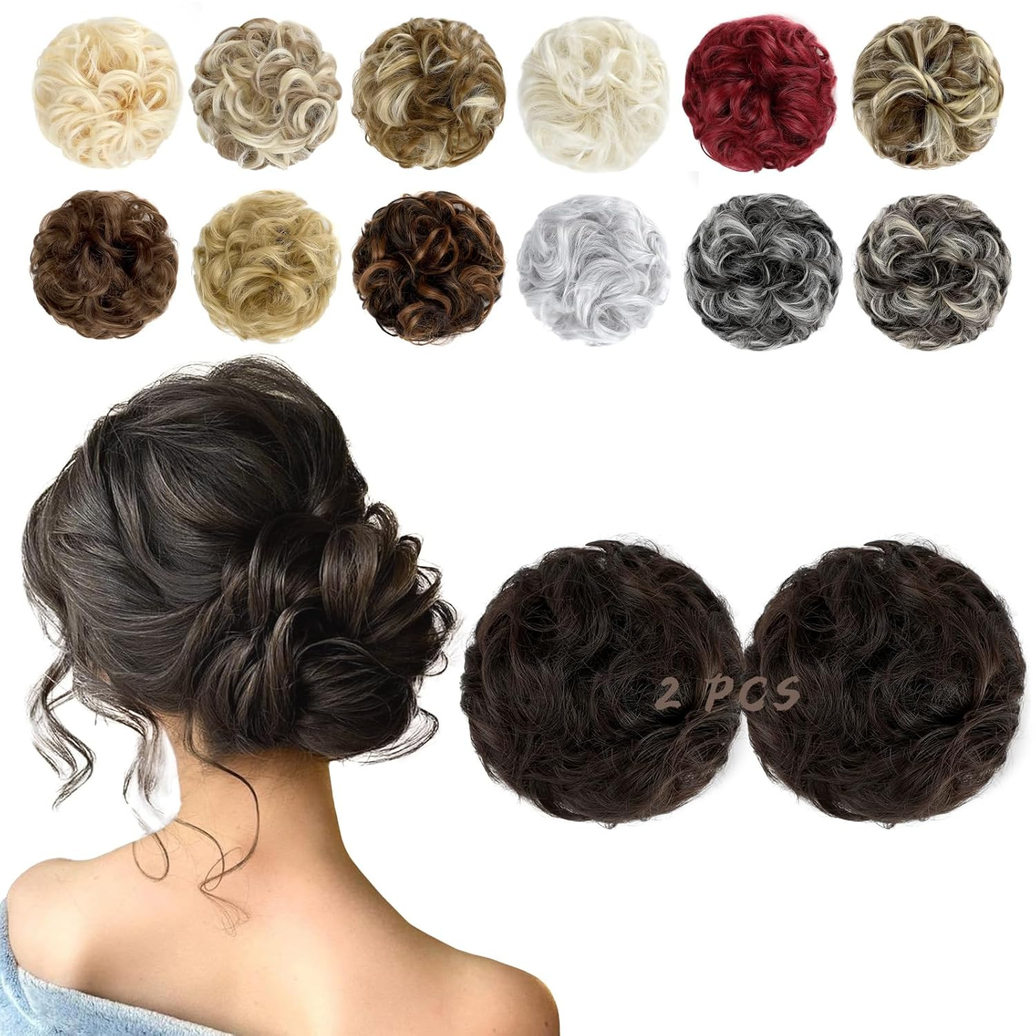 2 PCS Messy Bun Hair Piece Wavy Curly Scrunchies Synthetic Chignon Ponytail Hair