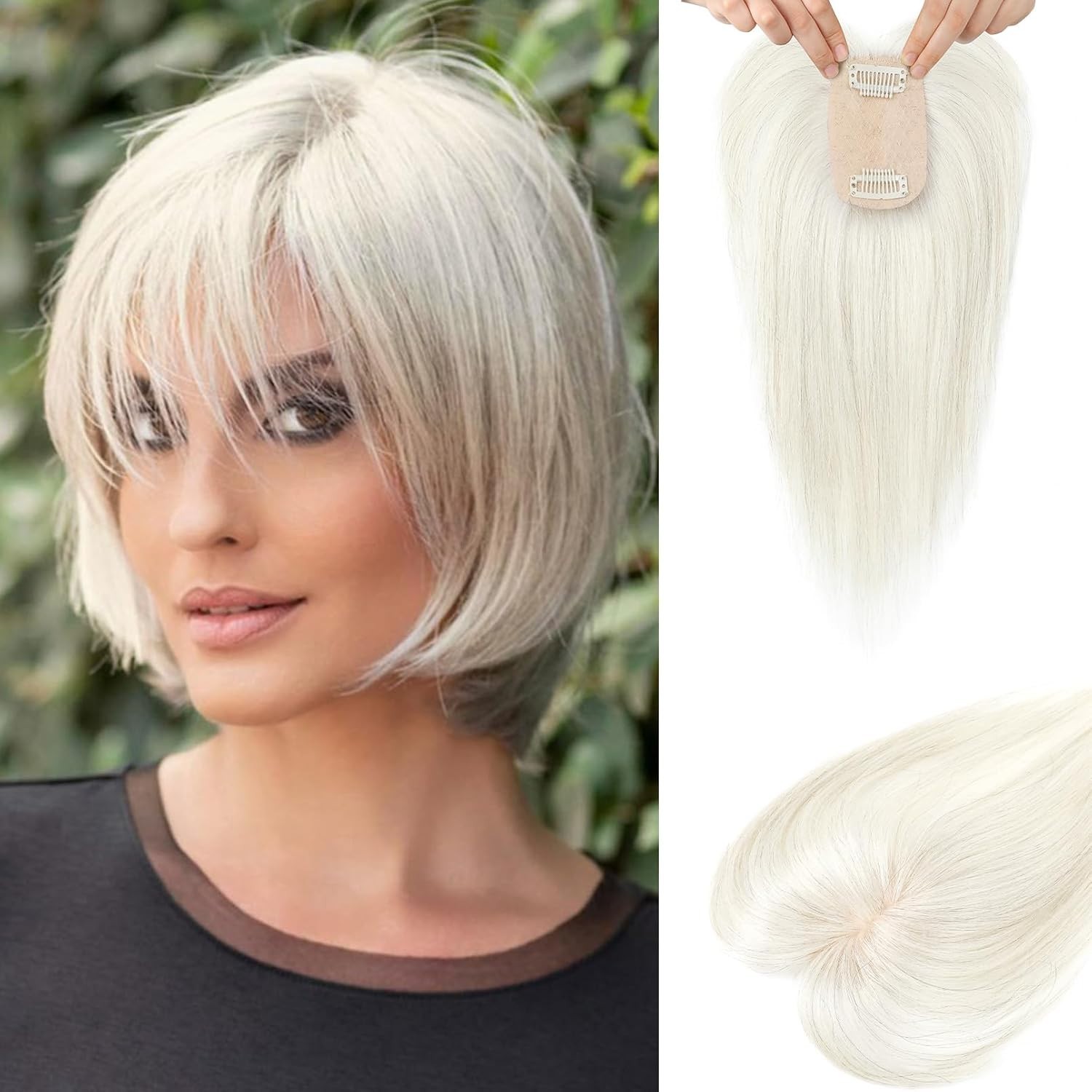 White with Black Strands 100% Human Hair Women Hair Topper
