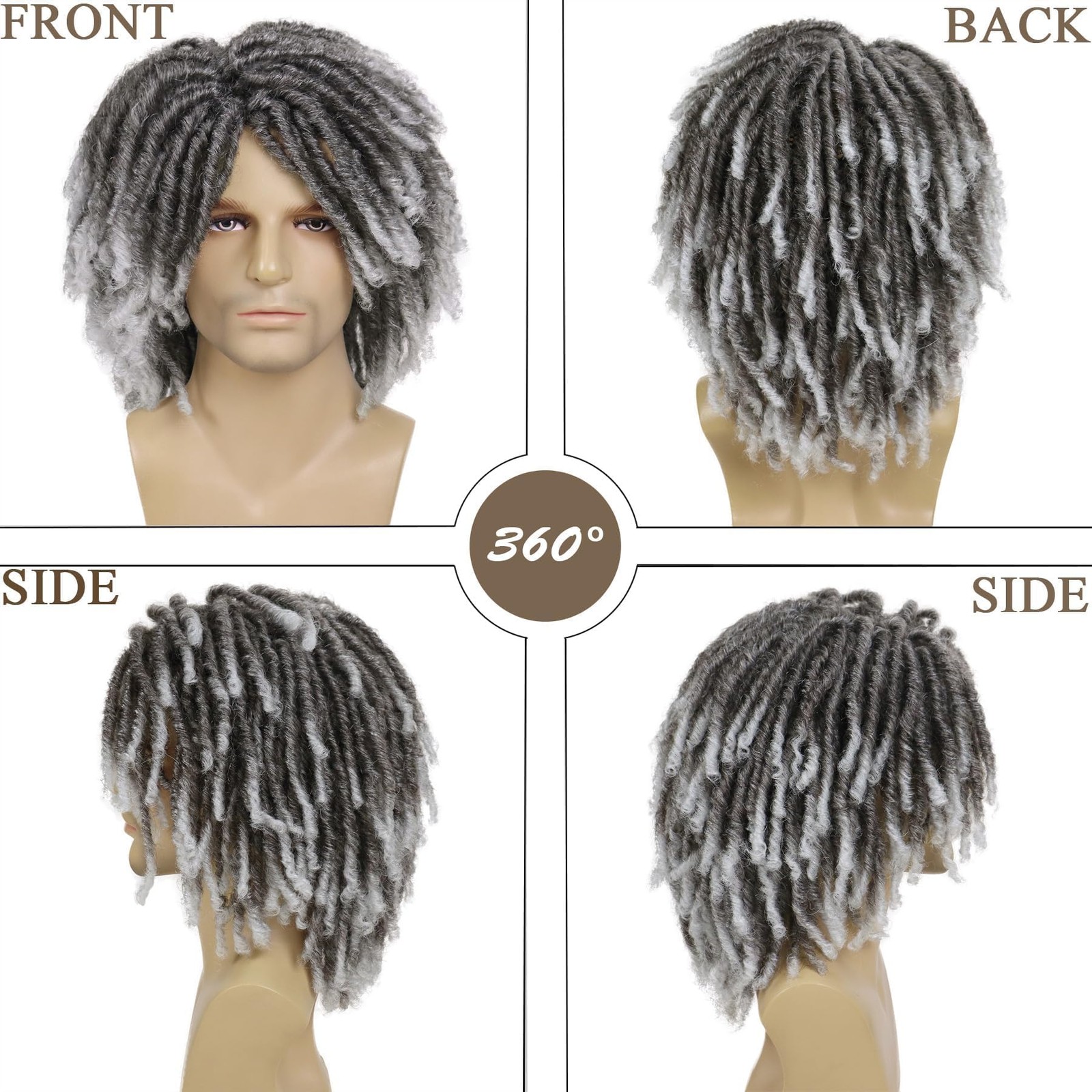 Fake Dreads Wigs with Bangs Ombre Grey Color Rocker Rasta Hair Dreadlocks Med