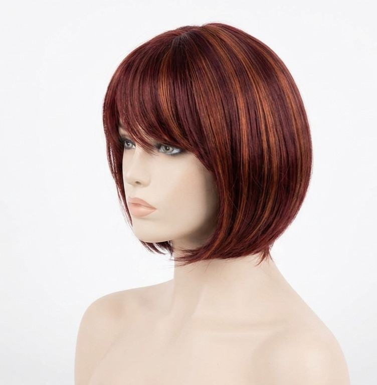 RENERSHOW Short Burgundy Highlight Bob Wig bangs red pixie women synthetic daily