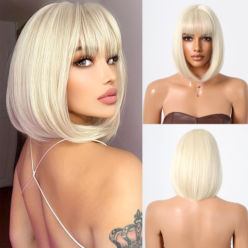 Heat Resistant Hair Blonde Bob Straight Dress Up Wig With Bangs Natural