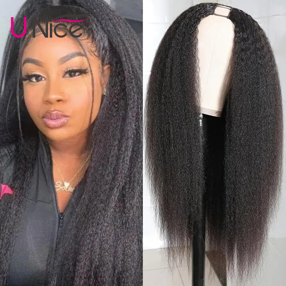 UNice Mongolian Kinky Yaki Straight U Part Human Hair Wig Glueless Wear Go Wigs
