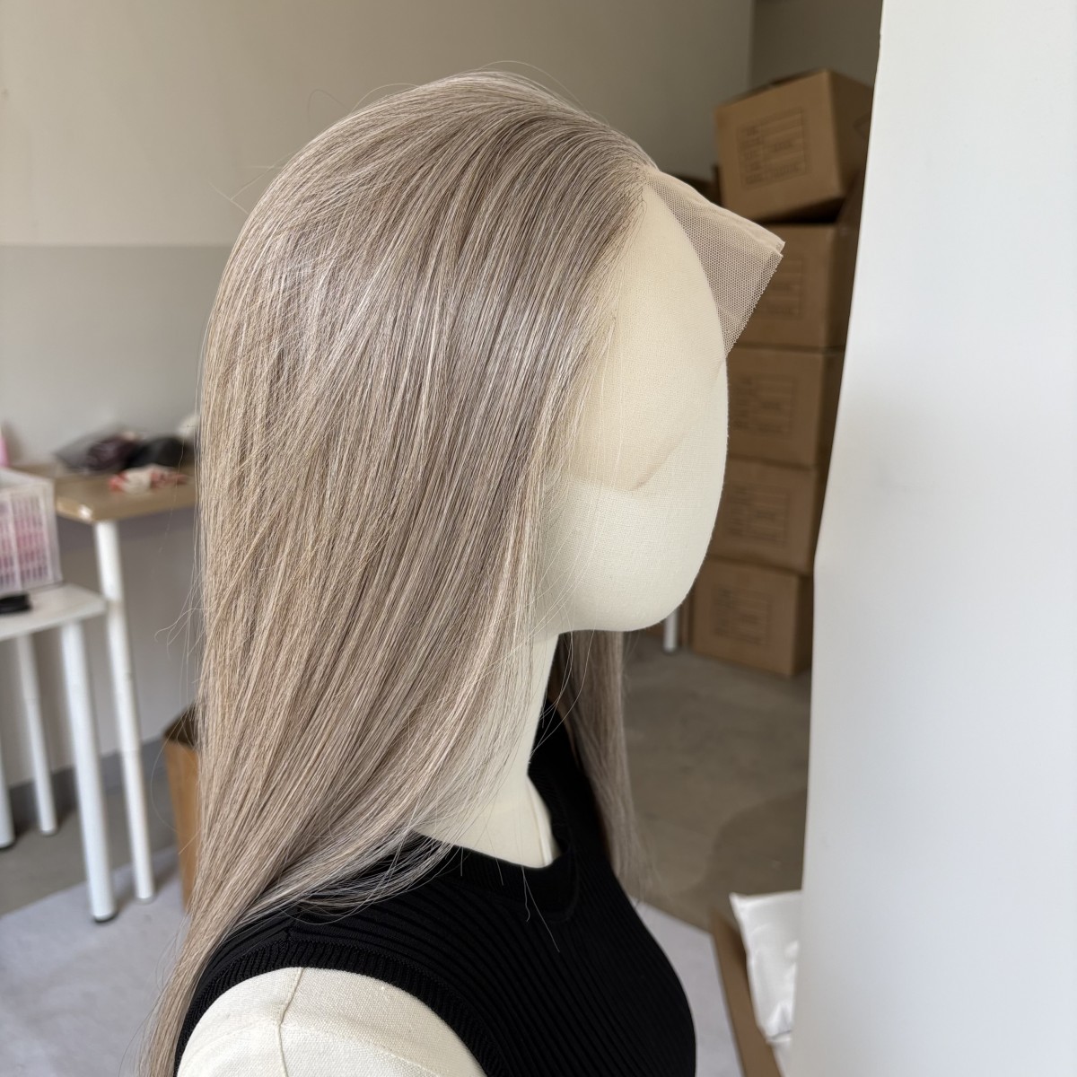 Long Straight Frontal Lace Wig Synthetic Hair Heat Resistant Natural Mix Grey