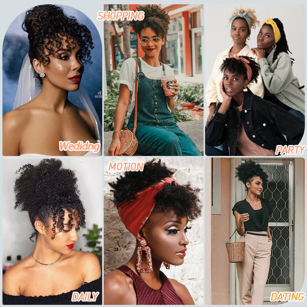 Afro Kinky Curly As Human Hair Clip In Short Ponytail Bun + Bangs Black Women US
