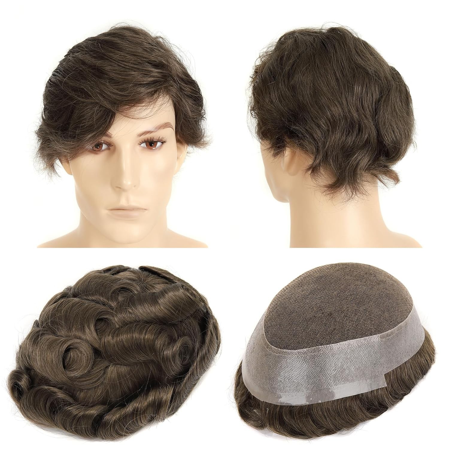 Swiss Lace Top Invisible PU Base Toupee for Men #6 Light Brown 8×10 130% Density