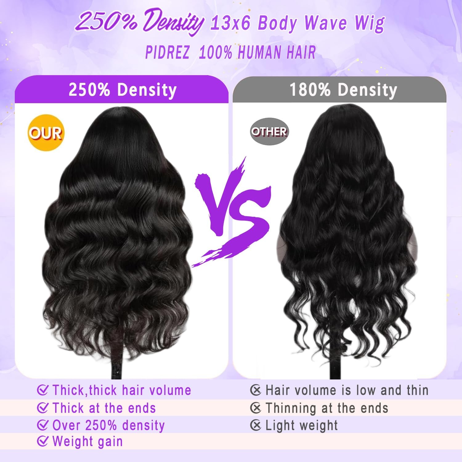 Pidrez 250 Density Body Wave Lace Front Wigs Human Hair Pre Plucked 13X6 Hd