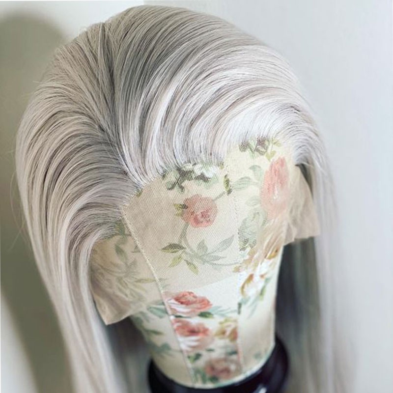 Heat Resistant Synthetic Hair Long Straight Lace Frontal Wig Silver Gray